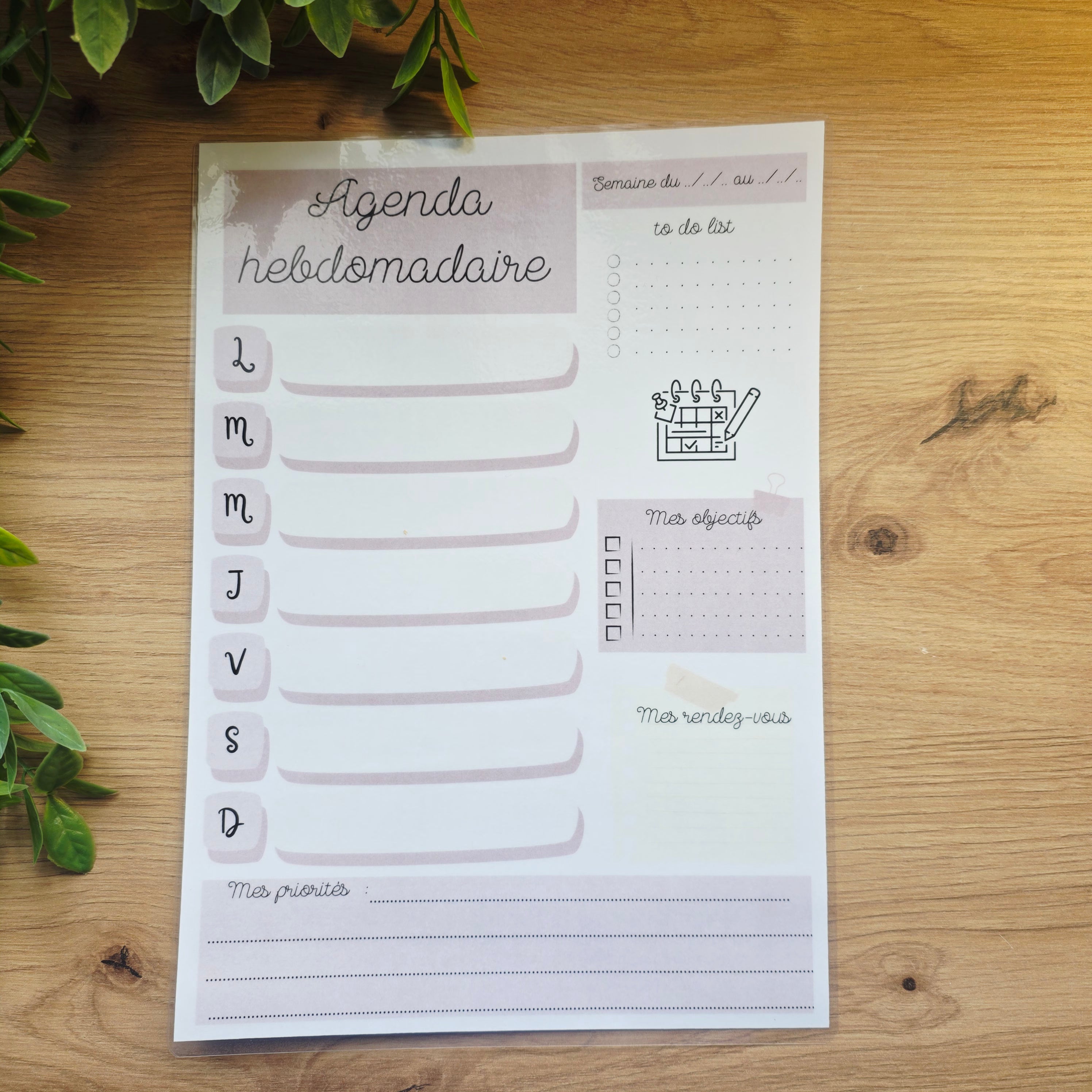 Agenda hebdomadaire A4 plastifié réutilisable